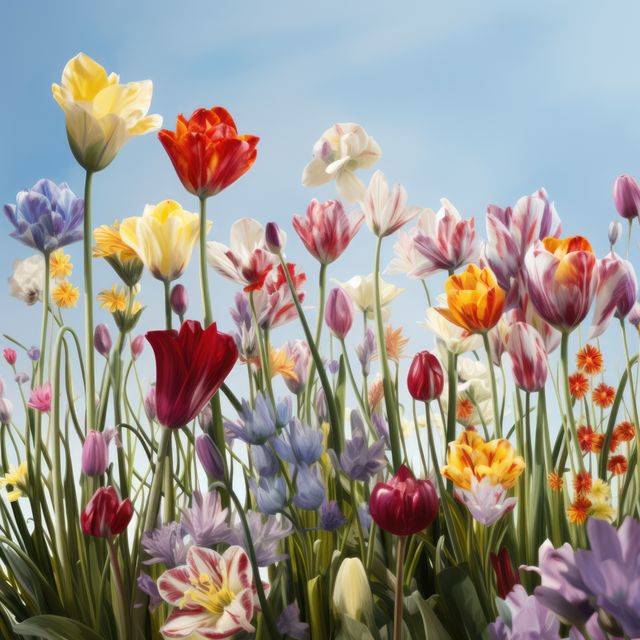 Perfect for decorating projects, greeting cards, and backgrounds for spring and summer promotions. Showcases the beauty of nature with a variety of colorful blooming flowers under bright sunlight, evoking feelings of freshness and joy.