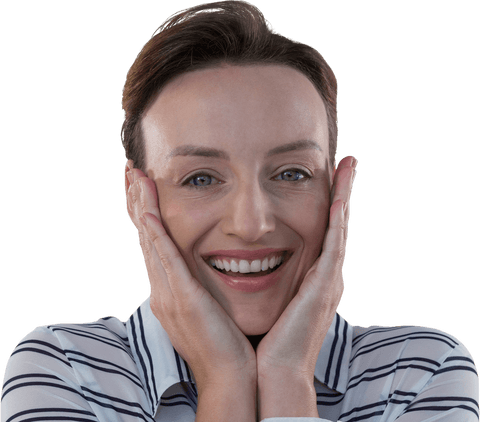 Smiling Caucasian Businesswoman With Hands on Face on Transparent Background