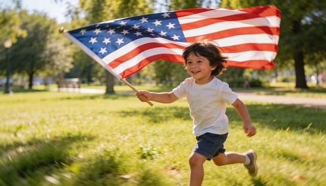 Joyful child running and waving large american flag on sunny park lawn celebrating independence day