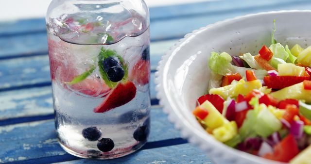 Refreshing concept featuring detox water infused with blueberries and strawberries alongside a fresh fruit and vegetable salad. Ideal for health-related content, weight loss blogs, summer recipes, or lifestyle articles focusing on healthy eating and hydration.