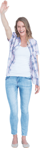 Happy Caucasian Woman Raising Hand Smiling on Transparent Background