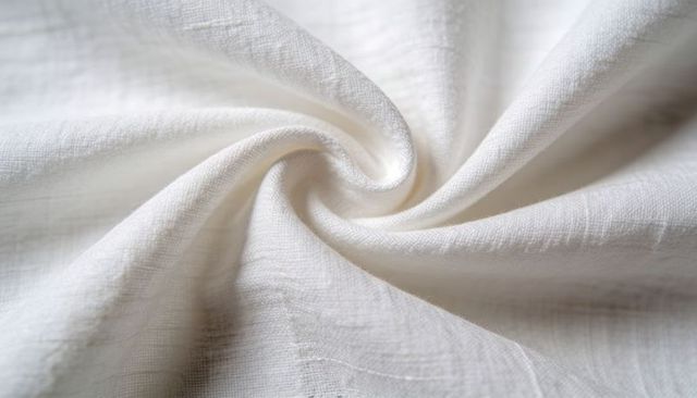 Off-white linen fabric spiral closeup showing woven texture, thread detail, soft draping