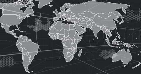Displaying stylized world map dashboard with hexagonal clusters and gridlines