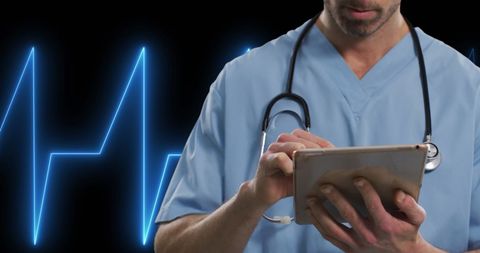 Doctor Using Digital Tablet with Lifeline Overlay