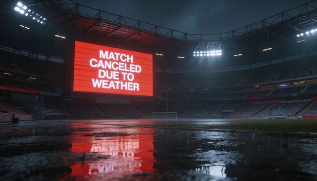Rain-soaked empty stadium with red led board reading match canceled and reflective puddles