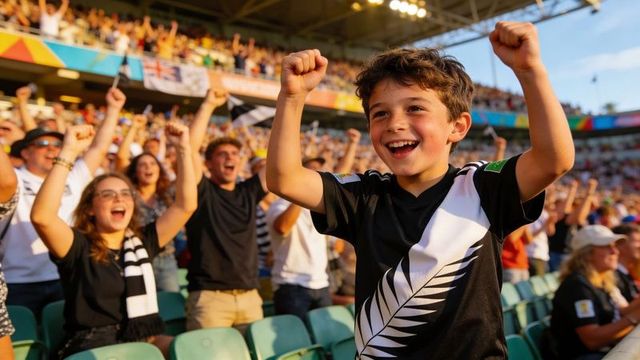 Energetic young fan cheering with raised fists in packed stadium, team jersey, golden light