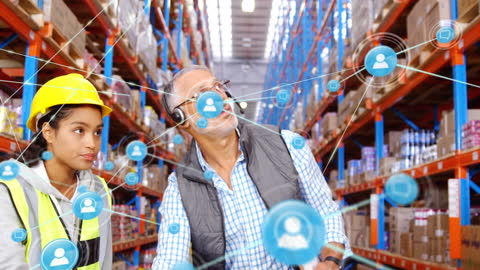 Warehouse Team Collaborating with Digital Connections for Efficient Logistics