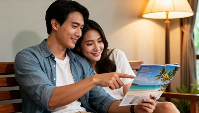 Couple reading travel brochure in cozy hotel lounge pointing and smiling together