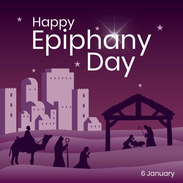 This illustration captures the scene of the nativity in Bethlehem, highlighting the Holy Family, the three wise men, and the star leading them. Perfect for Epiphany Day decorations, celebratory cards, faith-based social media posts, and religious event promotions.
