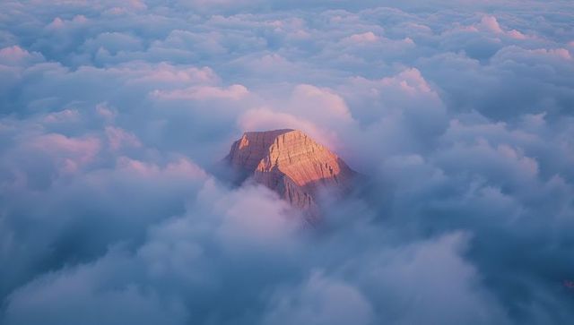 Mountain Peak Emerging Above Clouds in Pastel-Hued Serenity