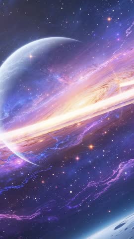 Vertical cosmic reveal showing glowing ringed planet, swirling nebula, and starfield panorama