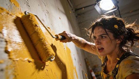 Woman aggressively rolling mustard paint on concrete wall during energetic renovation