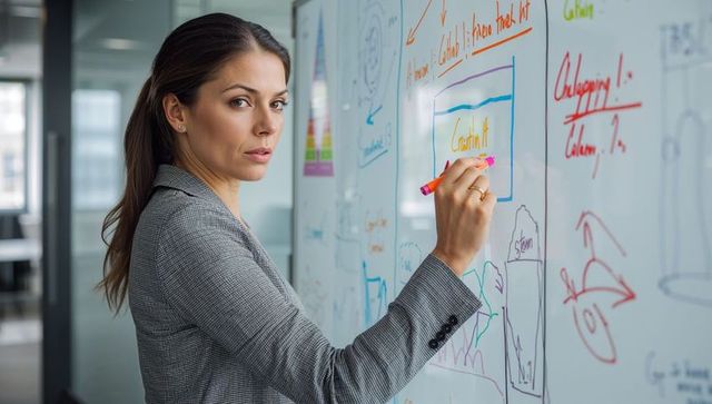 Focused businesswoman writing on glass whiteboard planning strategy and team brainstorming