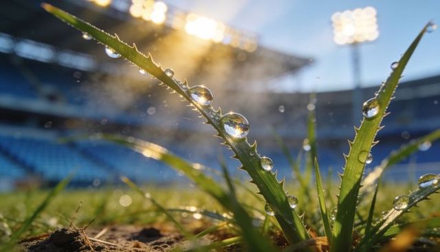 Backlit dew droplets on serrated grass blade at stadium turf with golden bokeh sunrise