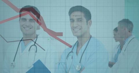 Medical professionals amidst healthcare statistics with downtrend