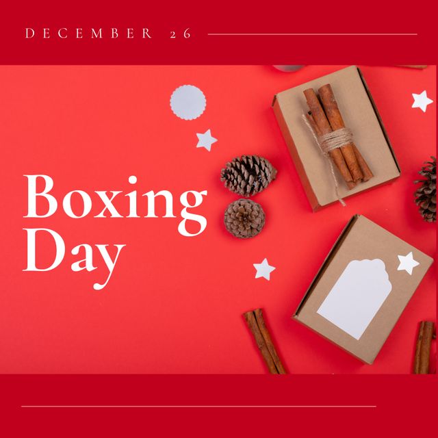 Composition of boxing day text over christmas decorations on red background. Christmas, boxing day, festivity, celebration and tradition concept digitally.