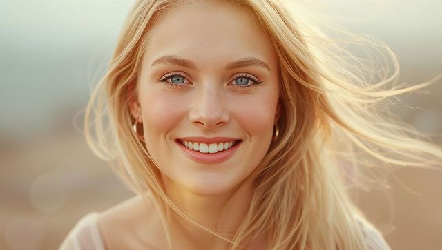 Smiling woman in open field during golden hour with gentle breeze