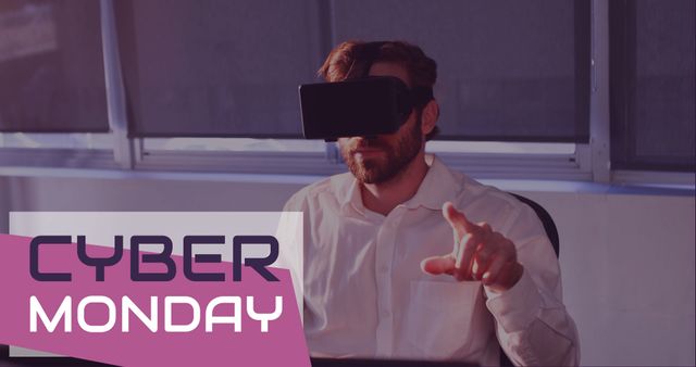 Man in office wearing VR headset interacting with virtual environment. 'Cyber Monday' text in image highlights online discount sales event. Great for advertising special sales, presenting futuristic shopping or technology use, promoting e-commerce events, and illustrating digital retail activities.