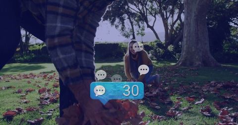 People Engaging in Leaf Gathering Activity in Park with Social Media Overlay