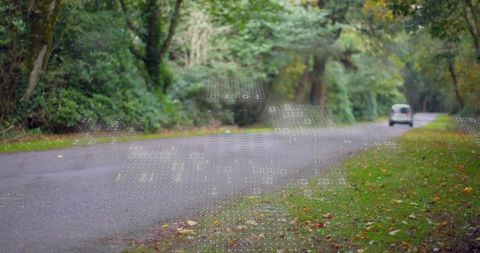 Silver minivan driving through woodland road with digital binary overlay