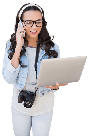 Transparent Female Photographer Holding Laptop and Smartphone