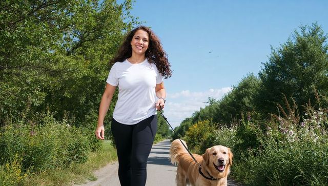 Walking woman with golden retriever on sunlit park trail wearing fitness tracker and leggings