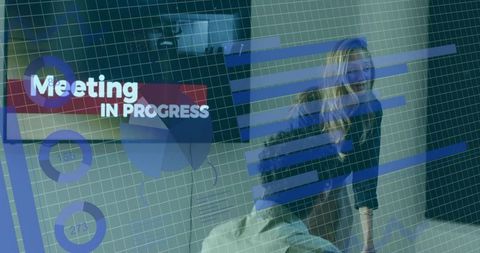 Business team collaborating with augmented analytics overlays, meeting in progress