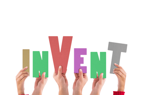 Hands Holding Colorful 'Invent' Letters on Transparent Background