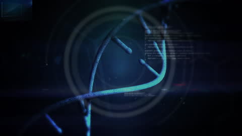 Digital DNA Strand with Data Patterns and Tech Overlay