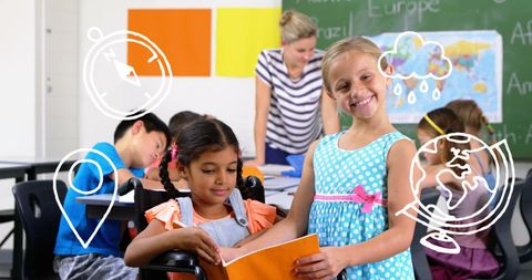 Diverse Children Engaging in Map Skills with Teacher in Classroom