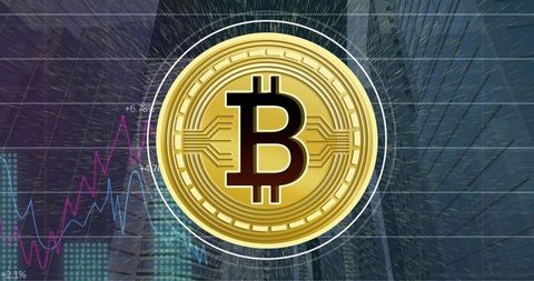 Digital bitcoin overlay on financial cityscape background