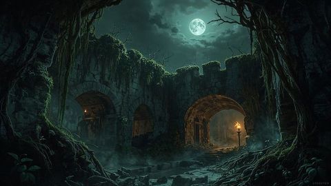 Mysterious Courtyard Ruins Under Moonlight