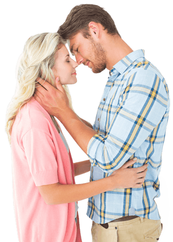 Romantic couple hugging with affectionate smiles, isolated on transparent background