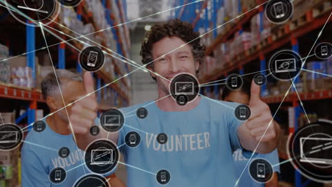 Volunteer Smiles with Digital Network Overlays in Warehouse