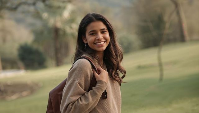 Smiling young woman carrying leather backpack, turning toward camera in leafy park at golden hour