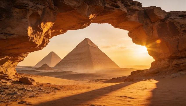 Sandstone arch framing golden pyramids at sunset, wind-sculpted desert dunes