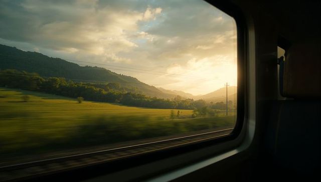Scenic railway journey through countryside at sunset