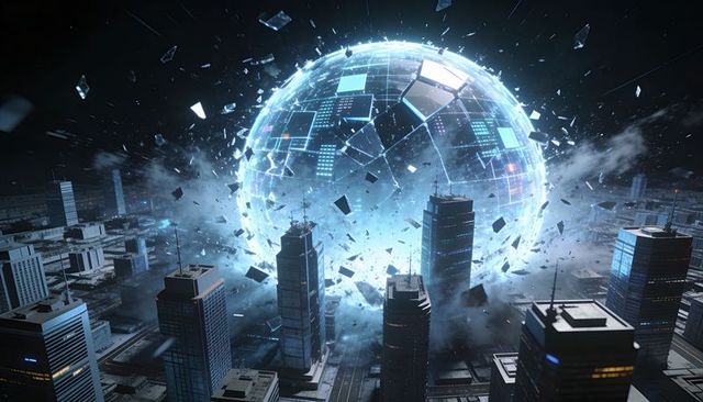 Hovering holographic dome cracking above futuristic downtown, glowing shards neon grid