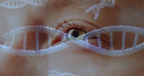 Female eye with dna double helix overlay representing genetics and ocular research