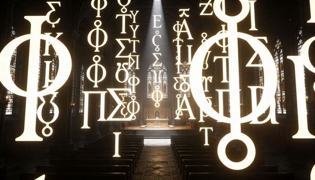Glowing glyphs hovering above central stone aisle in gothic cathedral illuminating altar