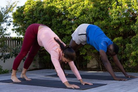 Diverse Partners Practicing Outdoor Yoga in Downward Dog Position