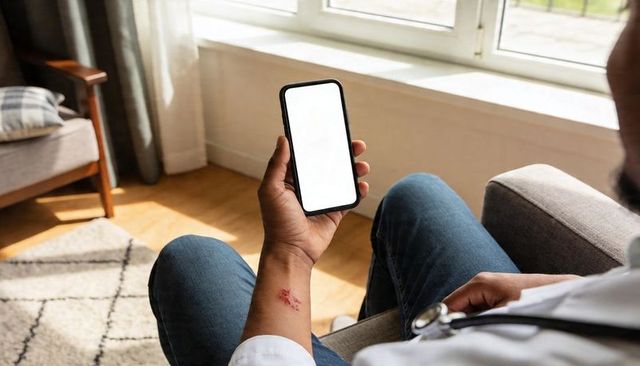 Medical professional holding blank smartphone on sofa while examining forearm scab
