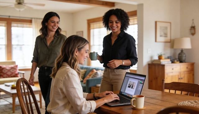 Typing woman at dining table collaborating with colleagues in sunlit cozy home workspace