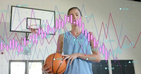 Basketball Athlete Holding Ball on Court with Financial Charts Overlay, Sports Analytics