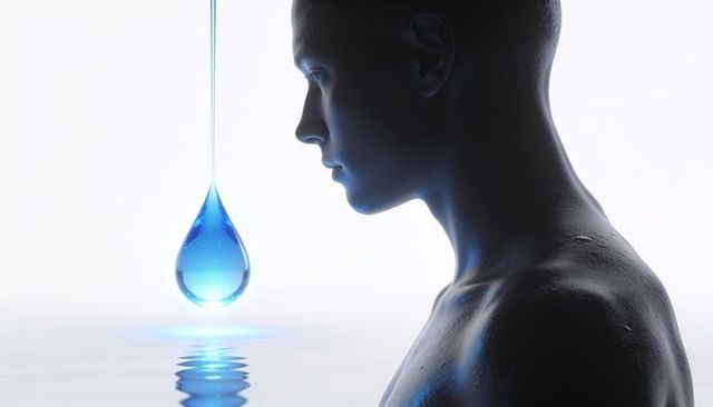 Futuristic profile contemplating glossy blue droplet above reflective water ripple