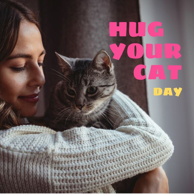 Ideal for promoting pet-related events, celebrations, and special days like Hug Your Cat Day. Perfect for social media posts, animal care blogs, and pet adoption campaigns to emphasize the affectionate bond between humans and their pets. Use it for marketing pet products or services, highlighting the joy of cat ownership and fostering a loving environment for animals at home.