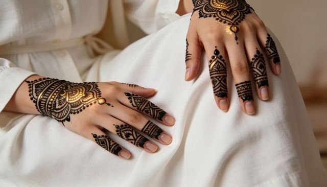 Intricate henna and gold body art resting on hands over white fabric in soft warm light
