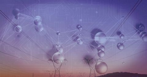Futuristic digital energy network at dusk with abstract spheres