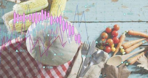 Rustic produce mixing honeydew melon, corn, cherry tomatoes and carrots with data overlays