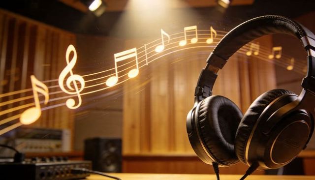 Studio headphones with glowing musical notes and mixing console in warm spotlight ambience